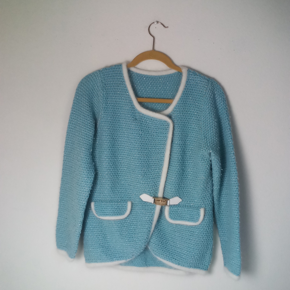Tweed Boucle Tiffany Blue Cardigan Wool Blend White Angora Trim Gold Lion Close